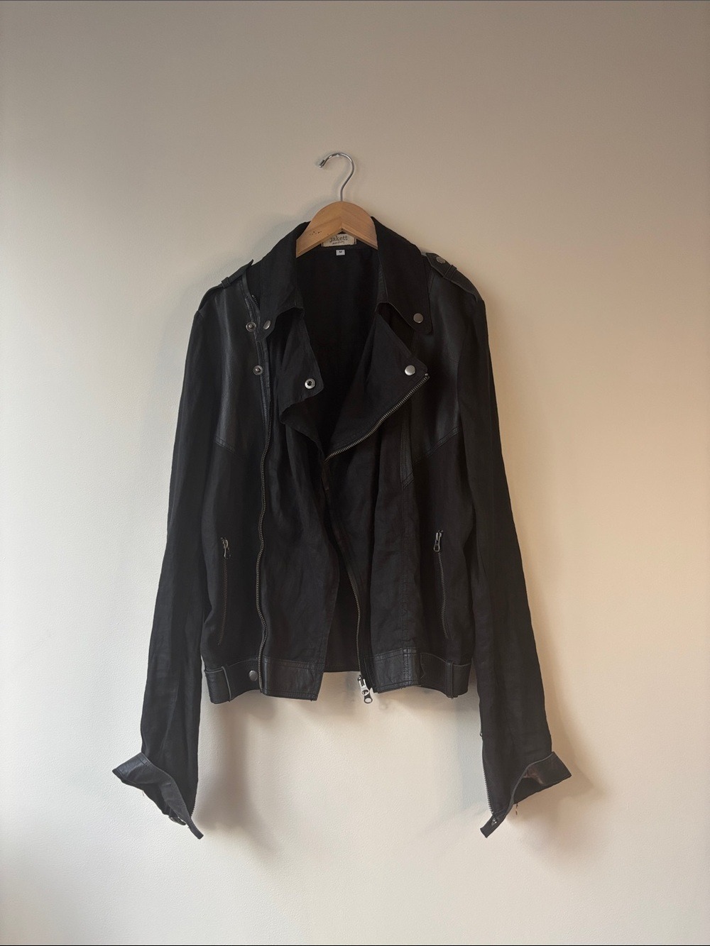Jakett Black Leather Linen Moto Jacket Distressed Biker